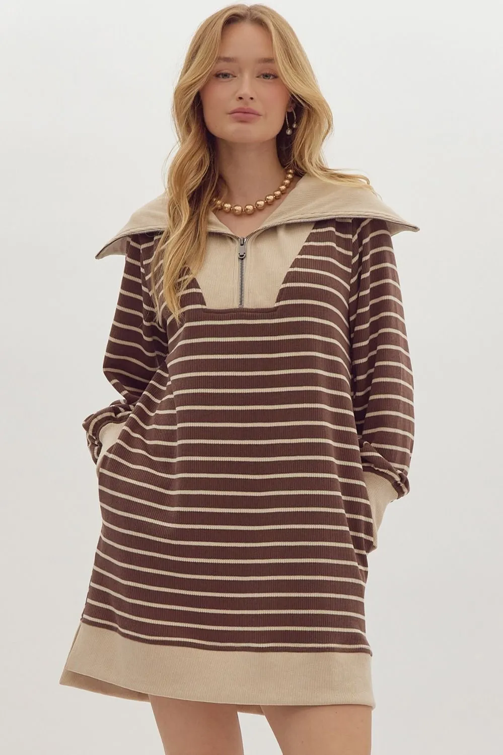 Stripe Print Ribbed Zip Up Long Sleeve Mini Dress