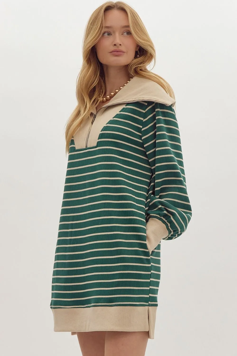 Stripe Print Ribbed Zip Up Long Sleeve Mini Dress