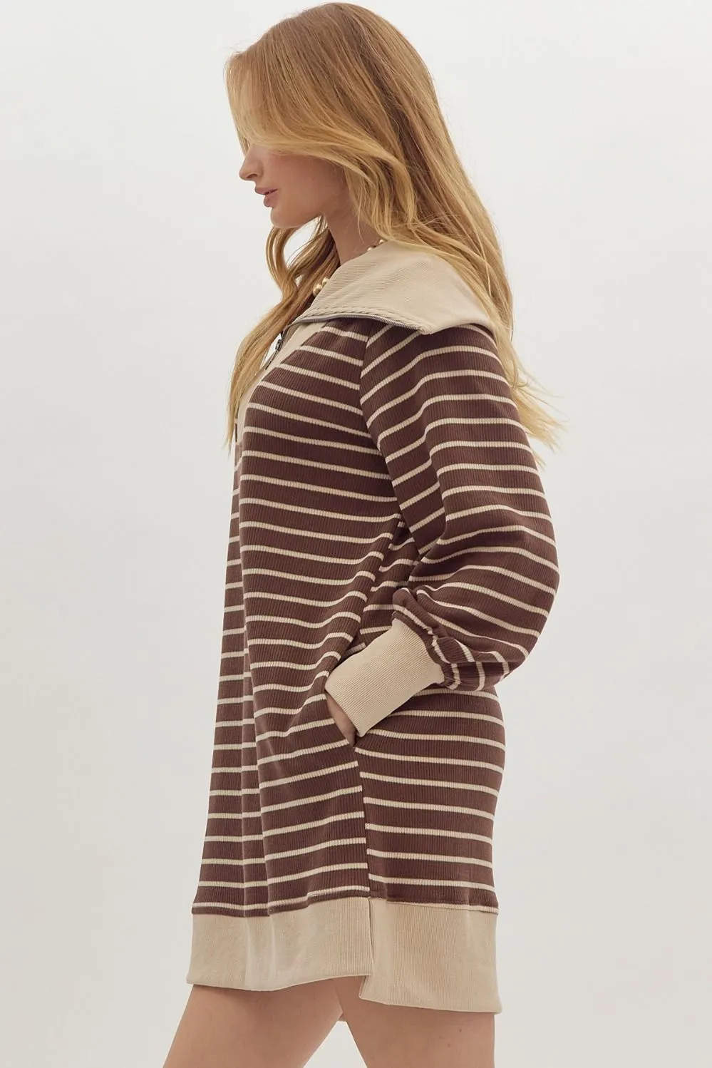 Stripe Print Ribbed Zip Up Long Sleeve Mini Dress