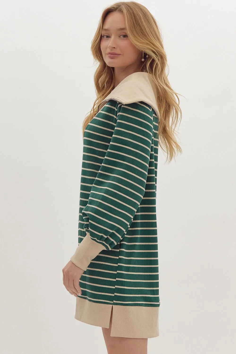 Stripe Print Ribbed Zip Up Long Sleeve Mini Dress