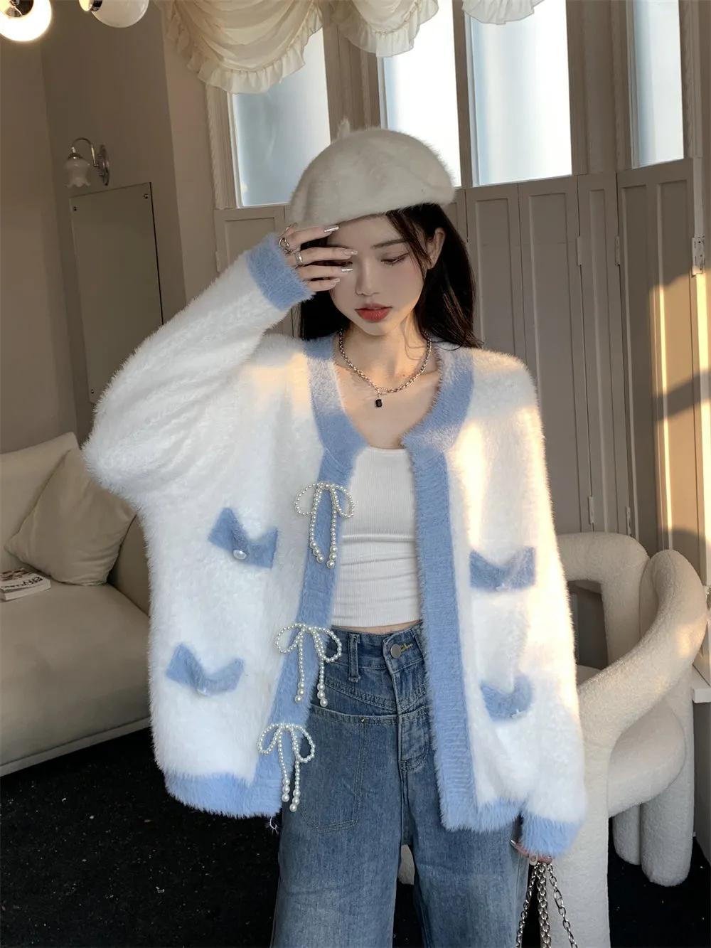 Sweet Pearl Bow Ribbon Button White Blue Cardigan