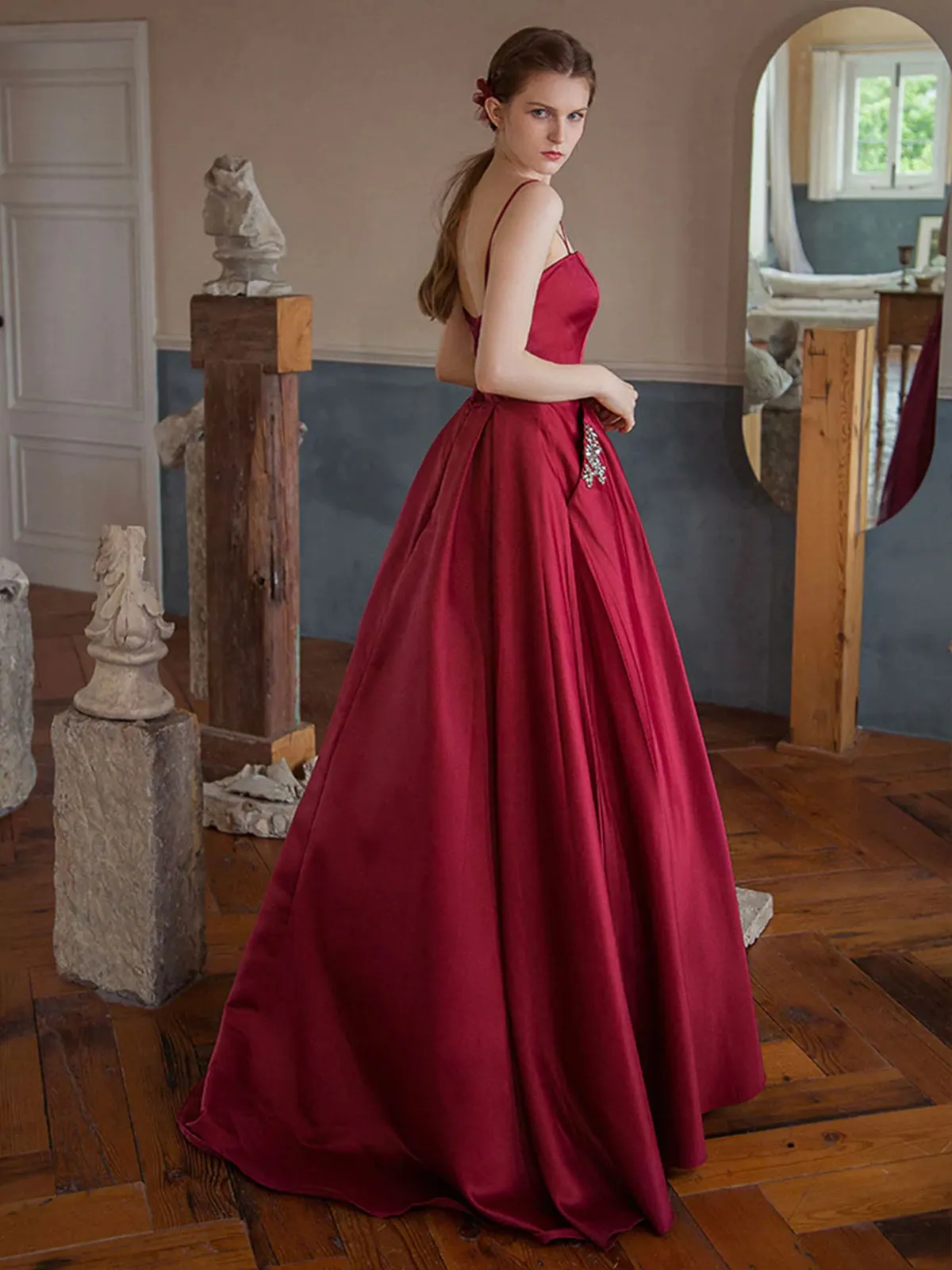 Sweetheart Neck Burgundy Satin Long Prom Dresses with Pocket, Long Burgundy Formal Graduation Evening Dresses