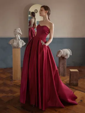 Sweetheart Neck Burgundy Satin Long Prom Dresses with Pocket, Long Burgundy Formal Graduation Evening Dresses