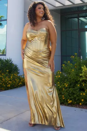 Sydneys Closet SC7425 Metallic Plus Sized Formal Dress Simple Fitted Long Slit Strapless