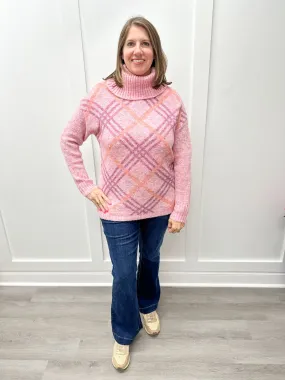 T-Neck Intarsia Sweater - Pink Lady