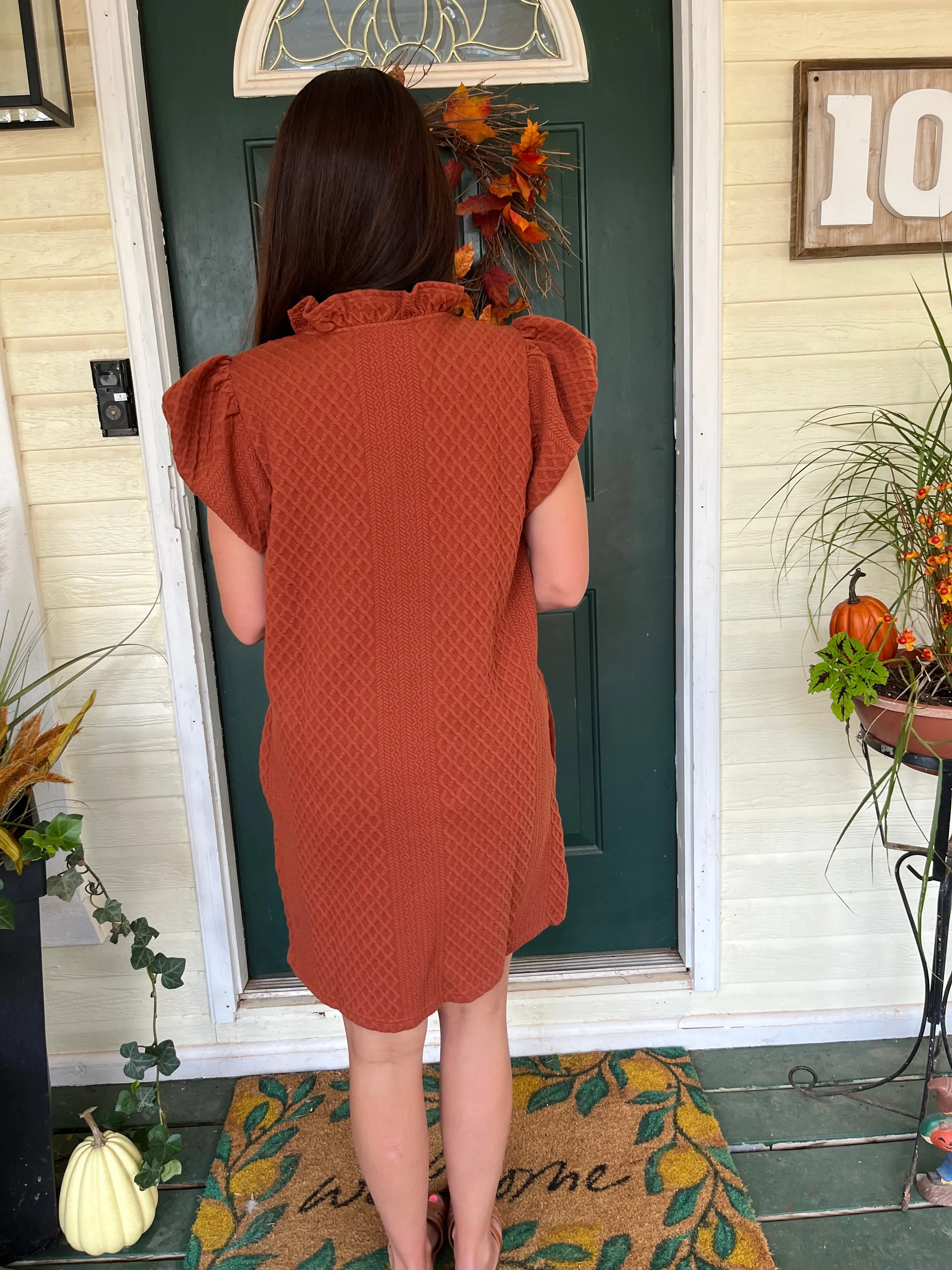 Textured Short-Sleeve Dress- Rust