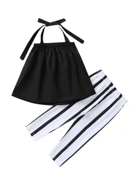 Tie Black Top Matching Stripe Pants 2-Piece Set For Baby Little Girl