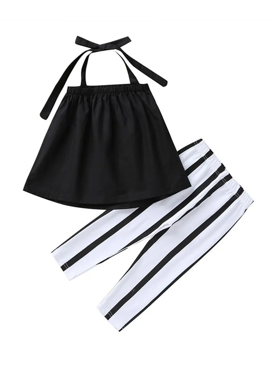 Tie Black Top Matching Stripe Pants 2-Piece Set For Baby Little Girl