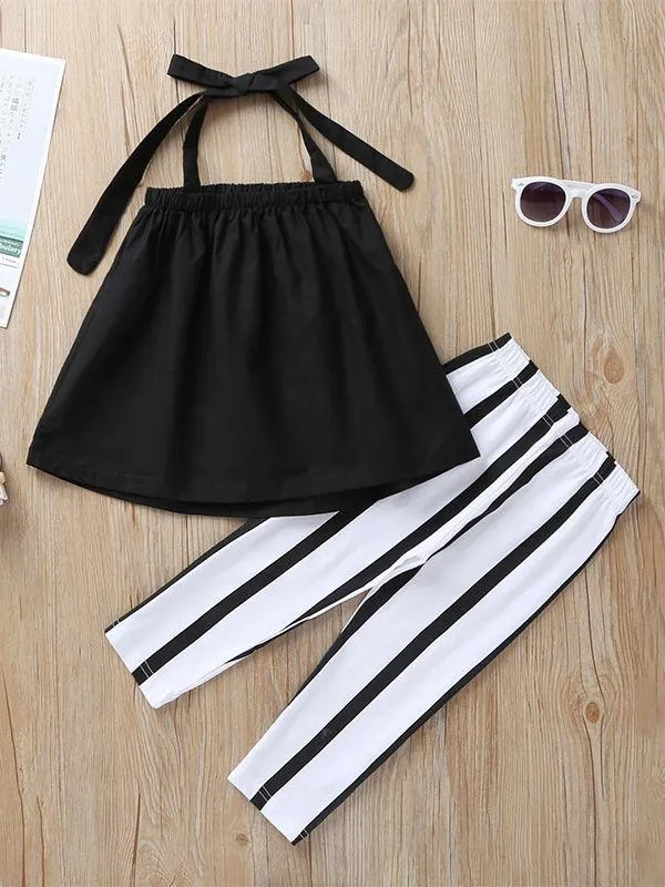 Tie Black Top Matching Stripe Pants 2-Piece Set For Baby Little Girl