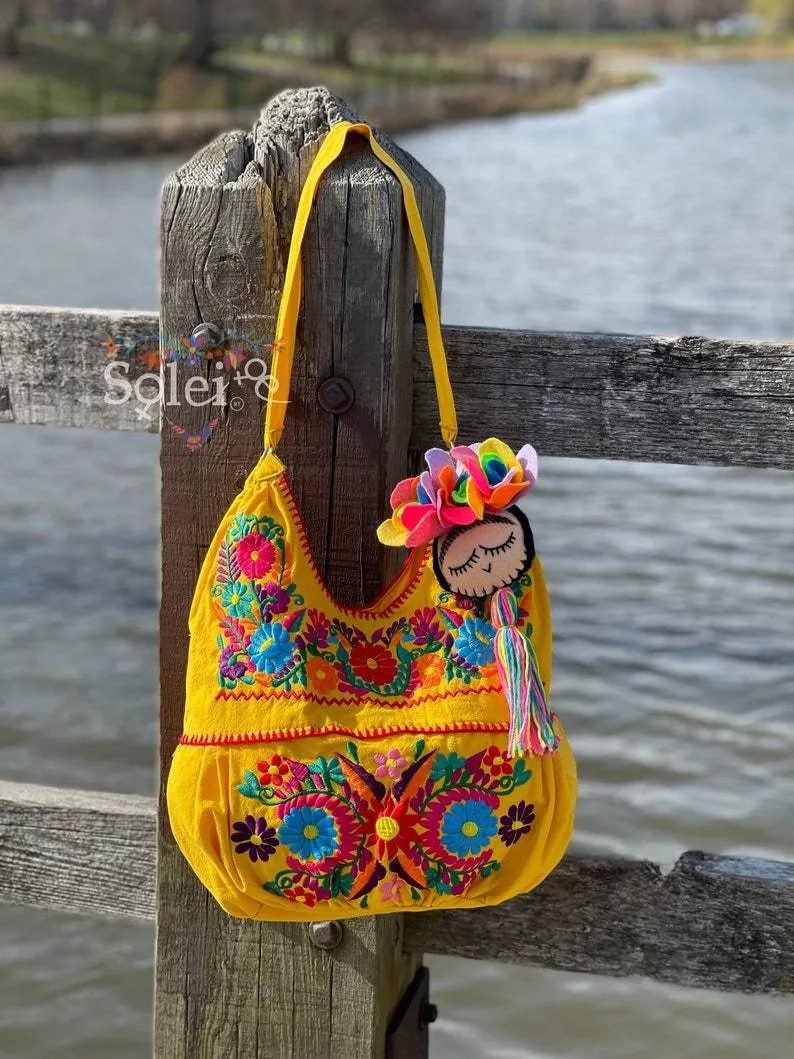 Traditional Mexican Floral Embroidered Bag. Morral Solei with Frida Tassel