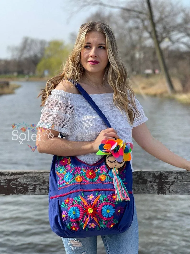 Traditional Mexican Floral Embroidered Bag. Morral Solei with Frida Tassel