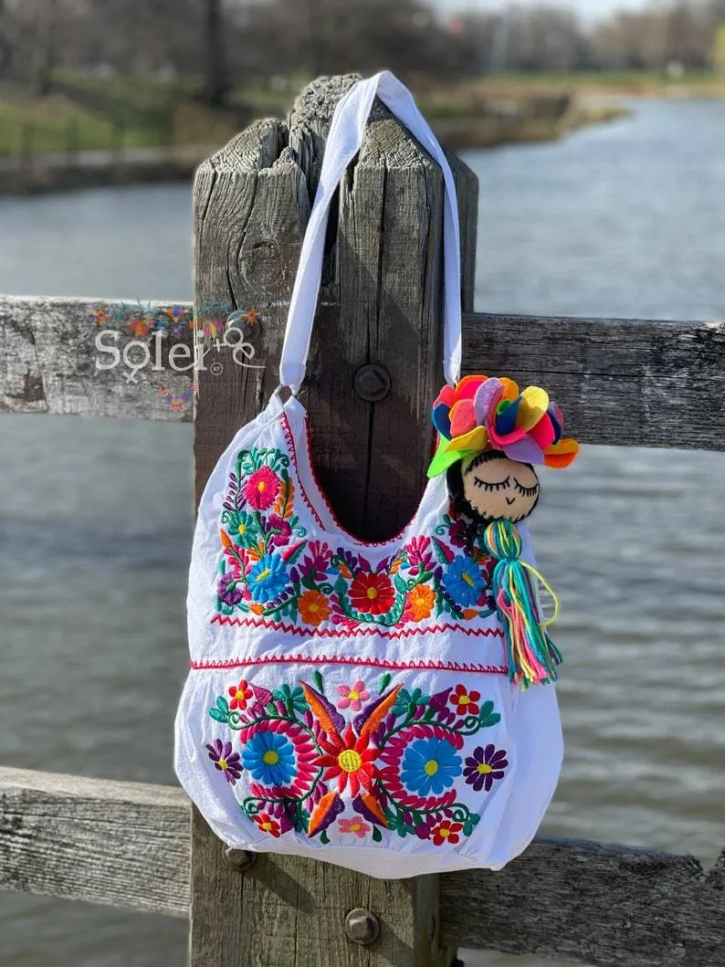 Traditional Mexican Floral Embroidered Bag. Morral Solei with Frida Tassel