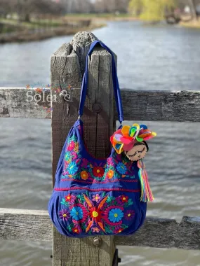 Traditional Mexican Floral Embroidered Bag. Morral Solei with Frida Tassel