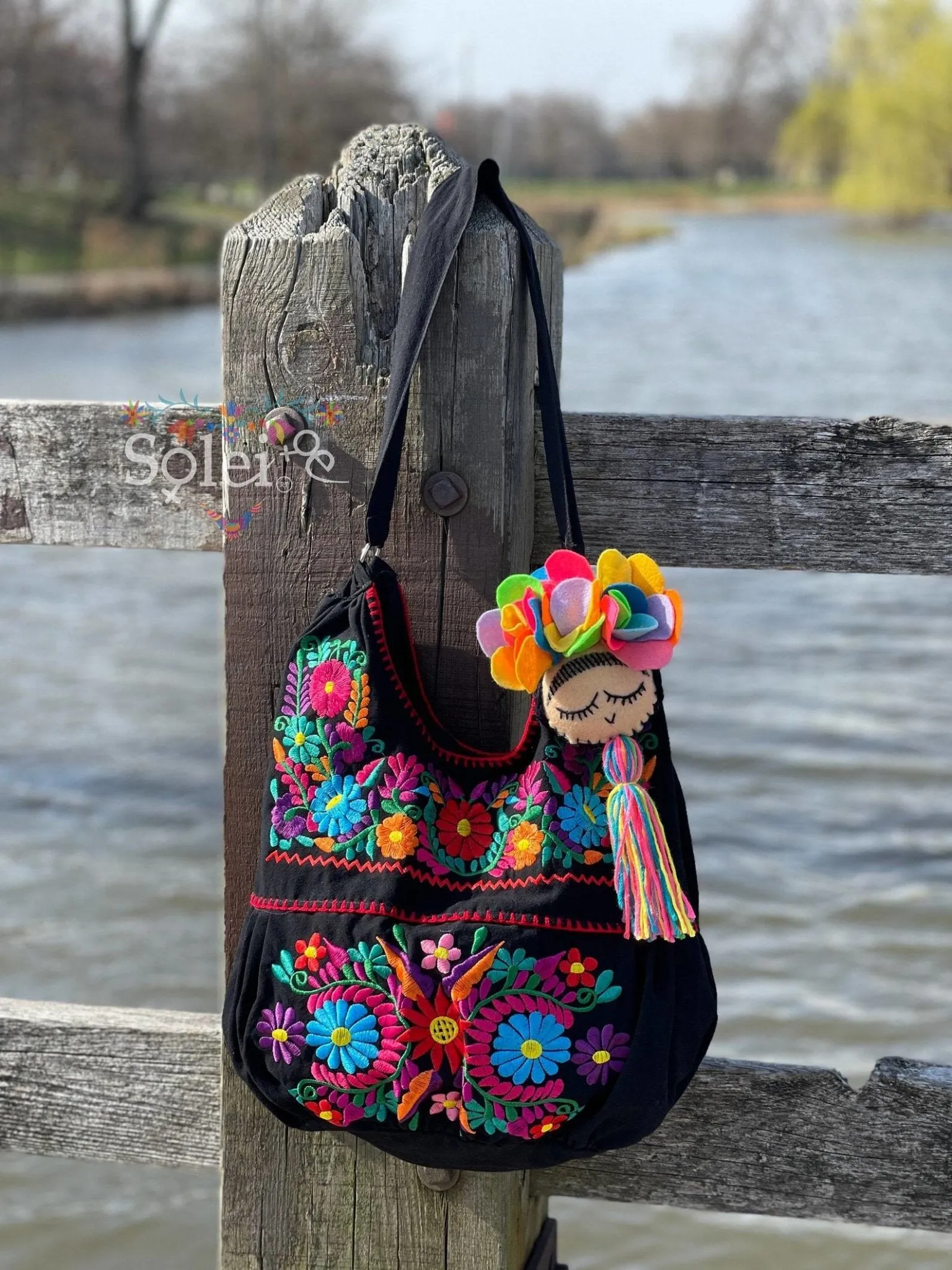 Traditional Mexican Floral Embroidered Bag. Morral Solei with Frida Tassel