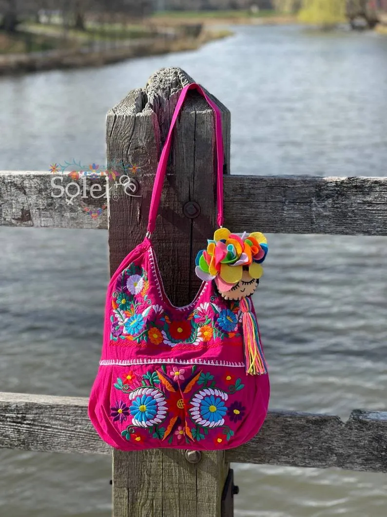 Traditional Mexican Floral Embroidered Bag. Morral Solei with Frida Tassel