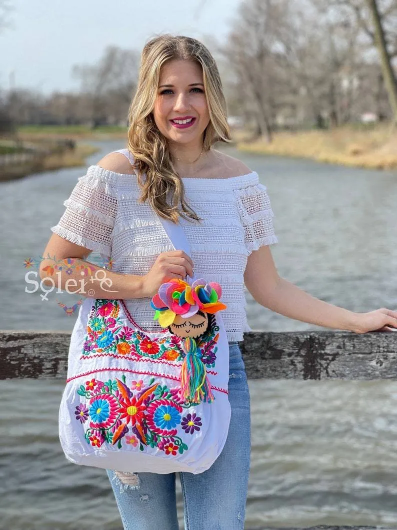 Traditional Mexican Floral Embroidered Bag. Morral Solei with Frida Tassel