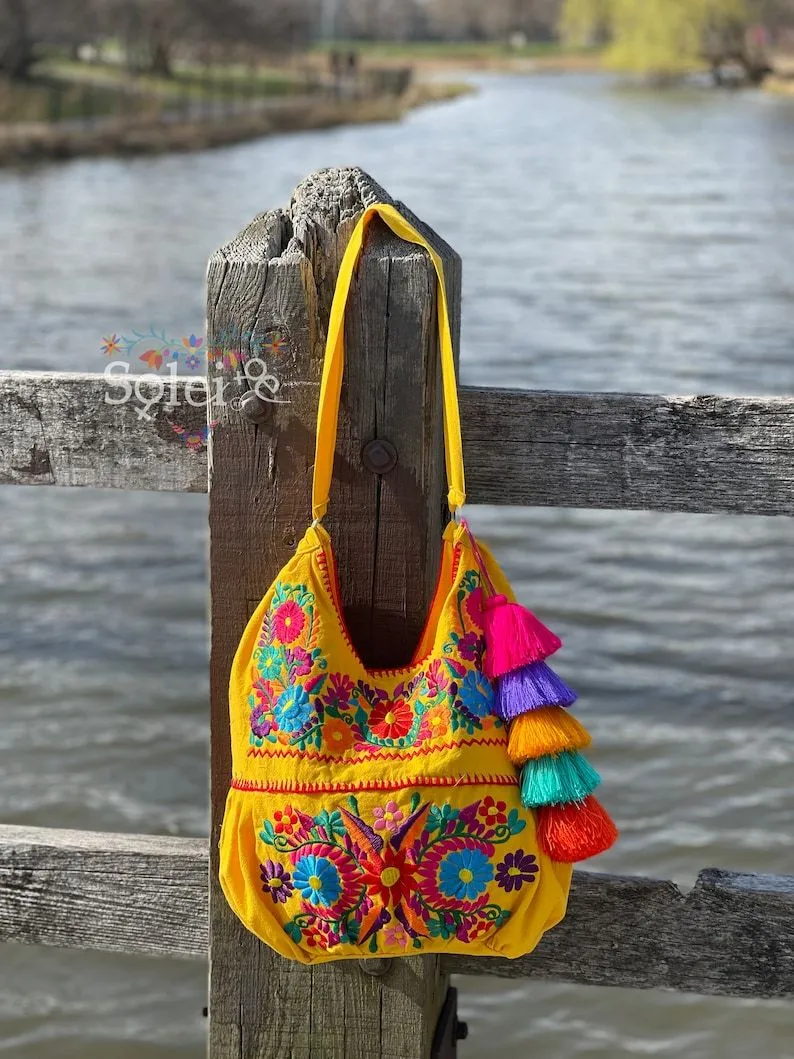 Traditional Mexican Floral Embroidered Bag. Morral Solei with PomPom Tassel