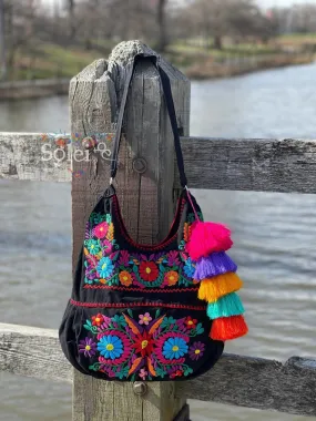 Traditional Mexican Floral Embroidered Bag. Morral Solei with PomPom Tassel