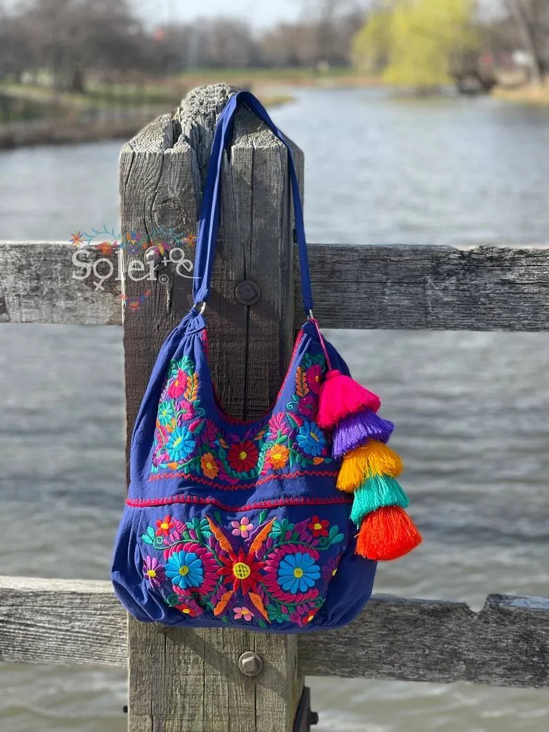 Traditional Mexican Floral Embroidered Bag. Morral Solei with PomPom Tassel