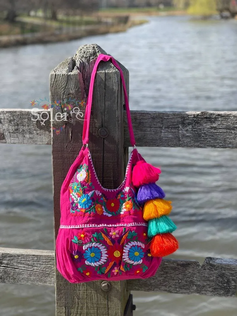 Traditional Mexican Floral Embroidered Bag. Morral Solei with PomPom Tassel