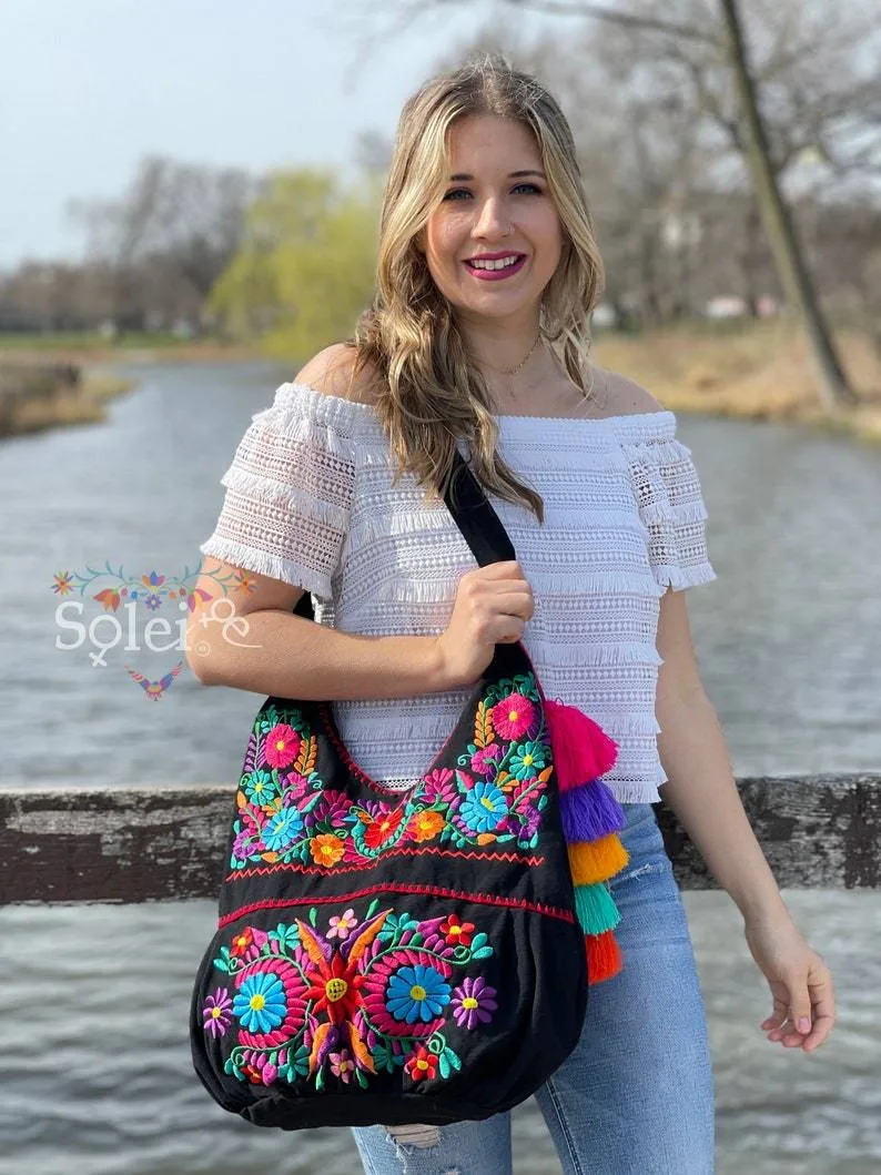 Traditional Mexican Floral Embroidered Bag. Morral Solei with PomPom Tassel