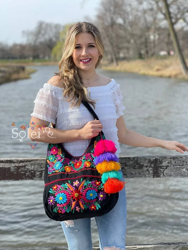 Traditional Mexican Floral Embroidered Bag. Morral Solei with PomPom Tassel