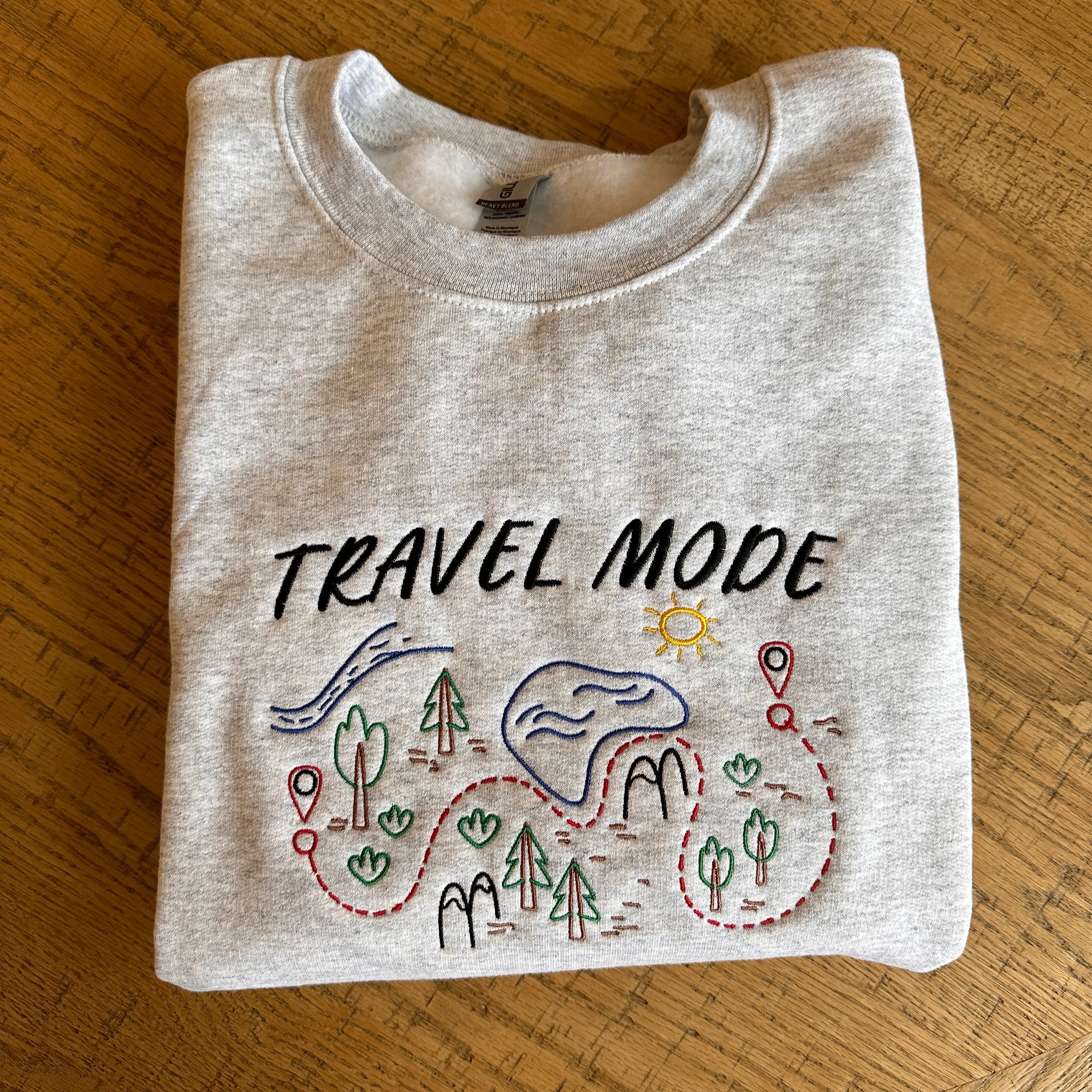 Travel Mode With Map on Ash Gildan Heavy Blend Sweatshirt