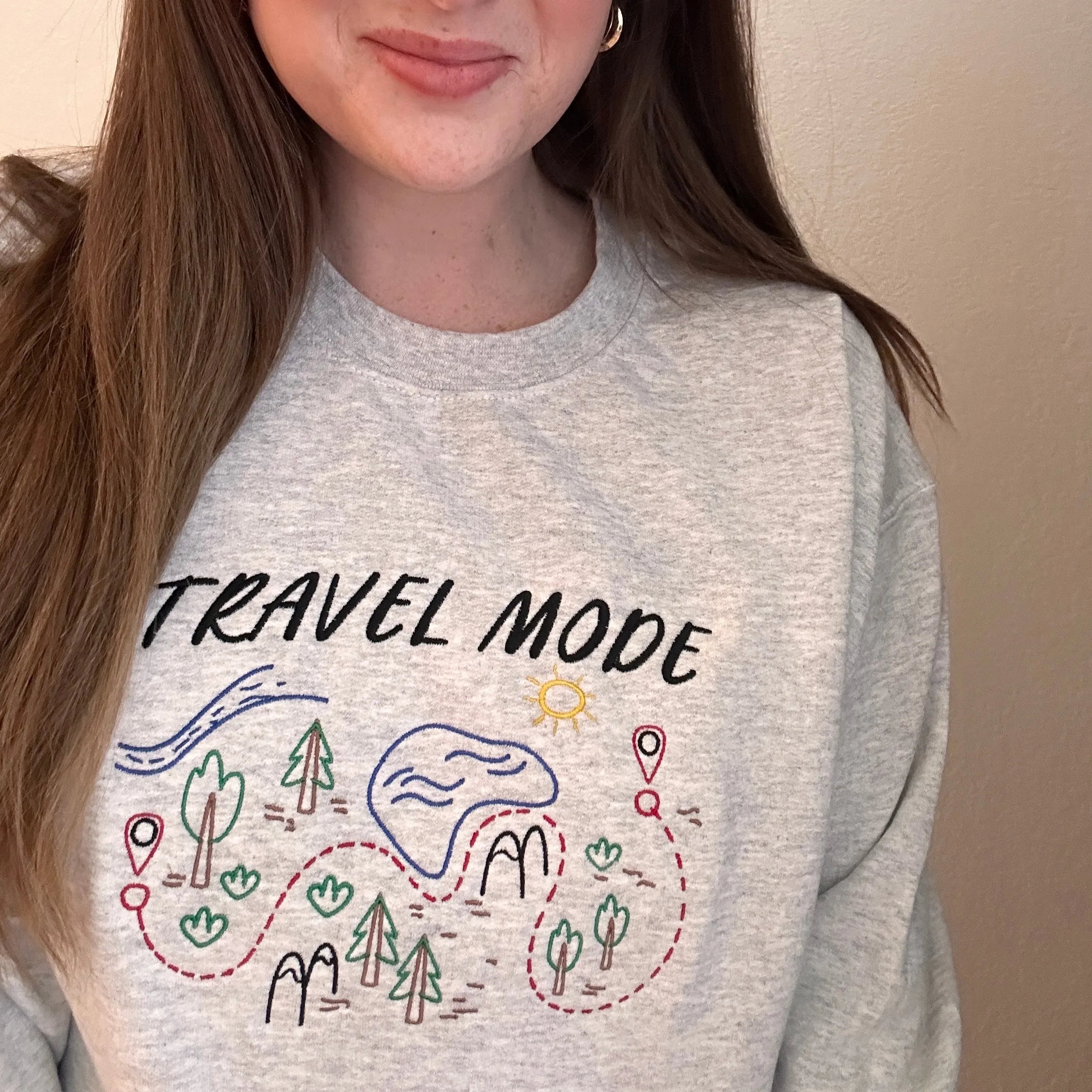 Travel Mode With Map on Ash Gildan Heavy Blend Sweatshirt