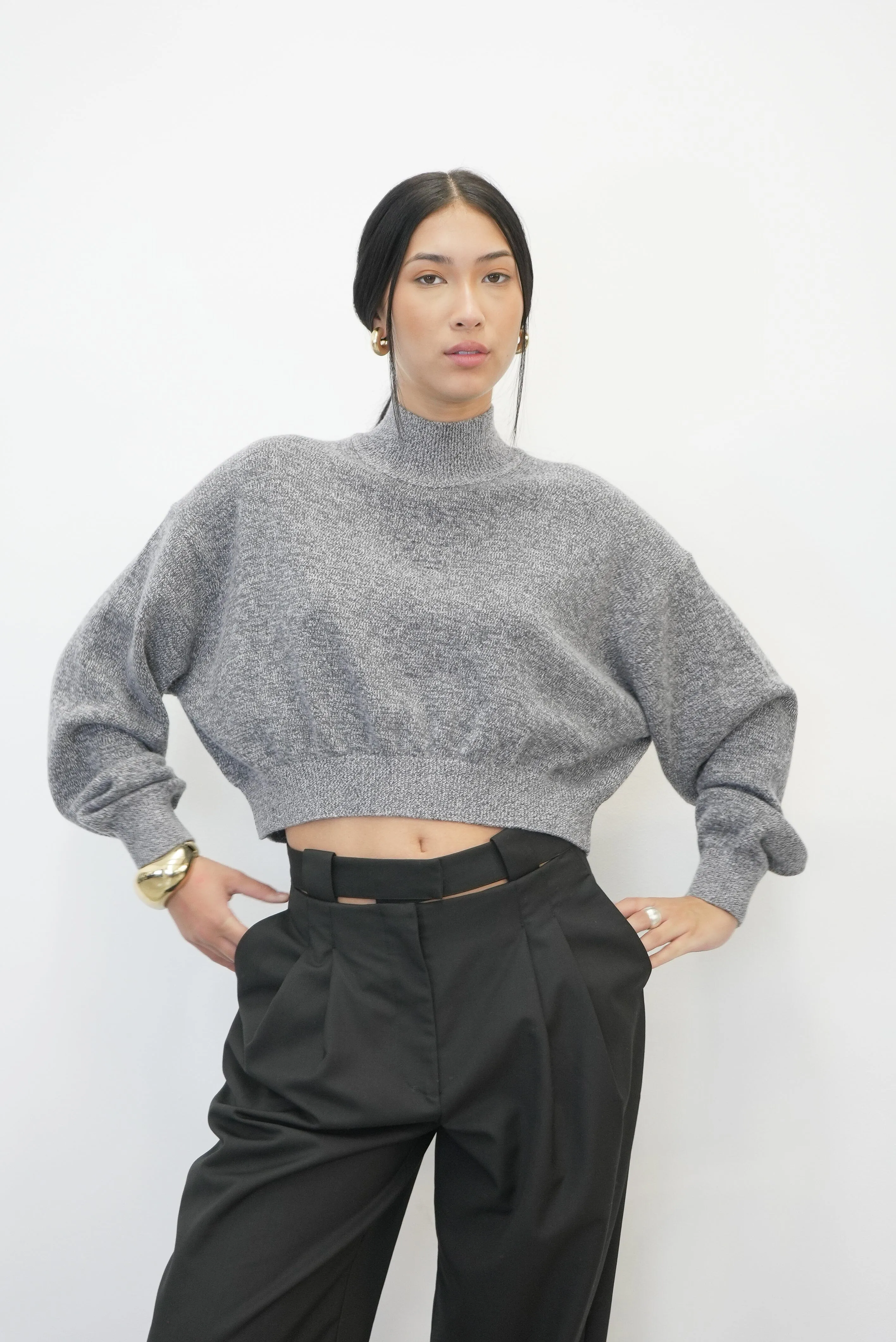 TURTLENECK PULLOVER WITH EMBOSSED LOGO IN GREY MULTI