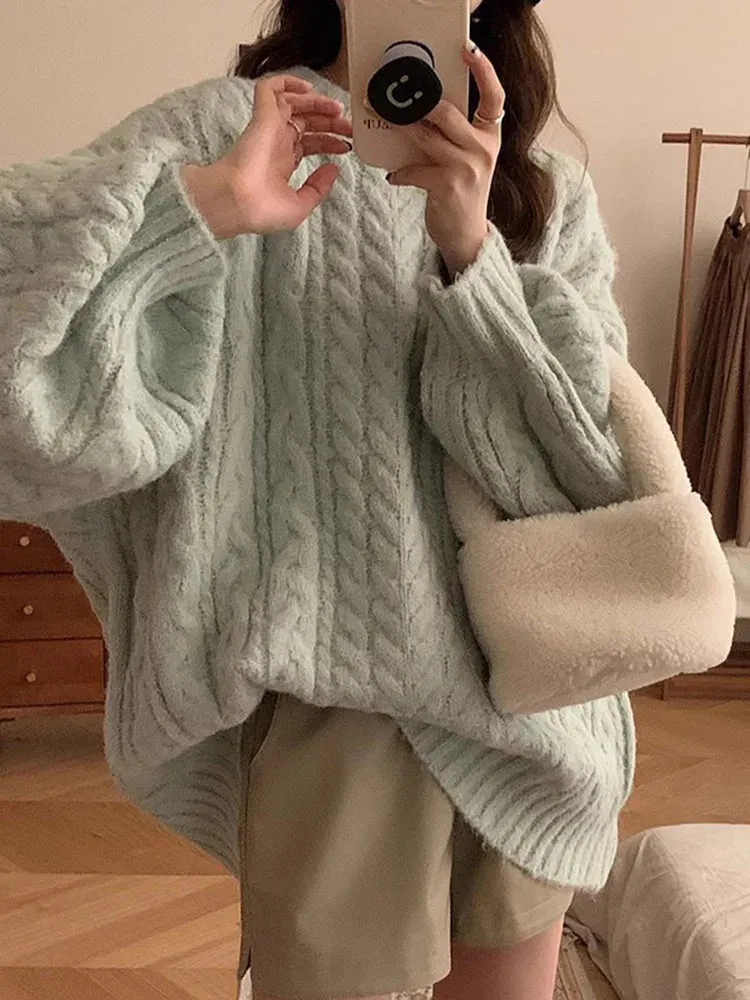 Twisted Sweater Women Fall Winter Long Sleeve O-neck Female Knitted Pullover Solid Casual Loose Lady Kintwear Tops C-304