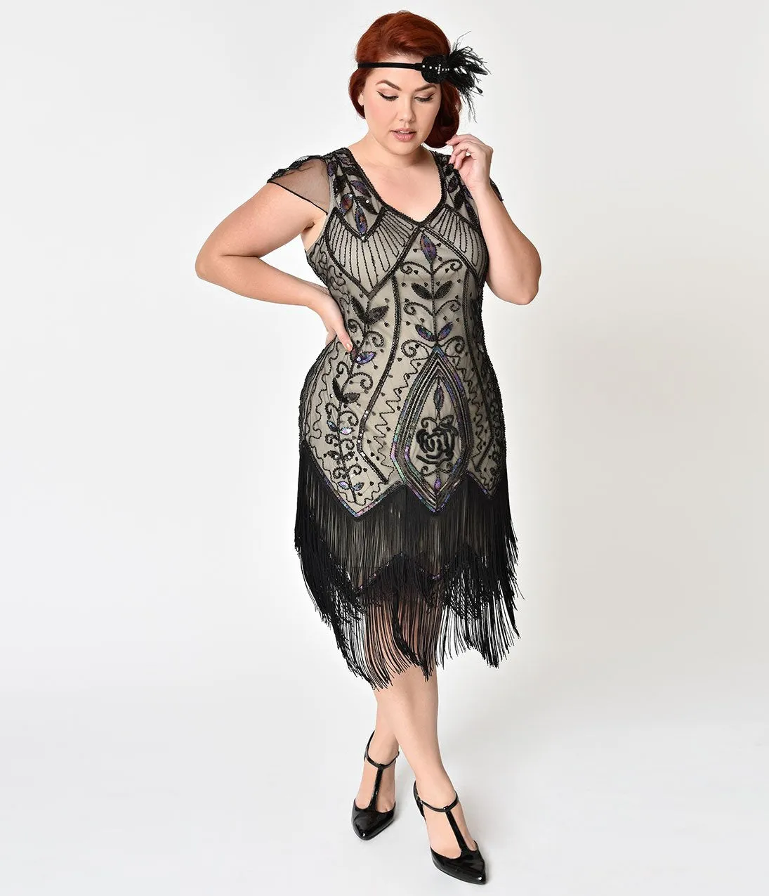 Unique Vintage Plus Size 1920s Black Rose & Champagne Noele Fringe Flapper Dress