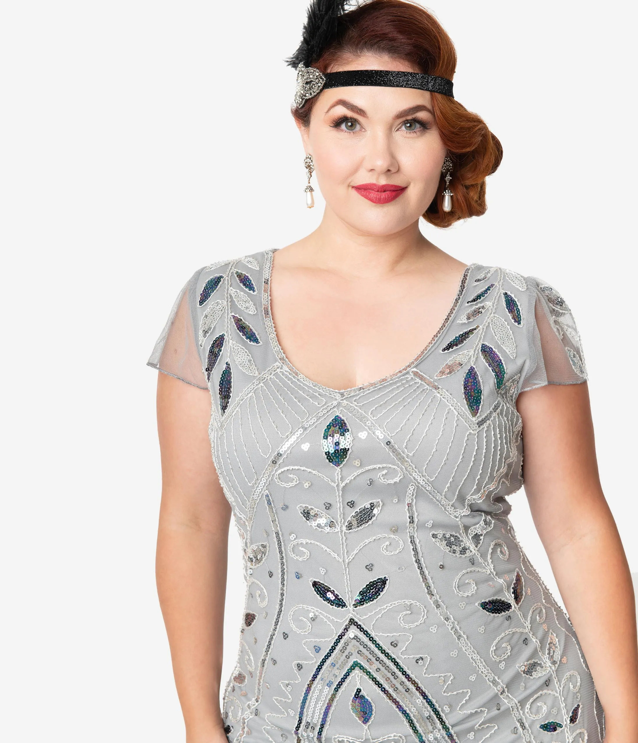 Unique Vintage Plus Size 1920s Silver Beaded Noele Fringe Flapper Dress