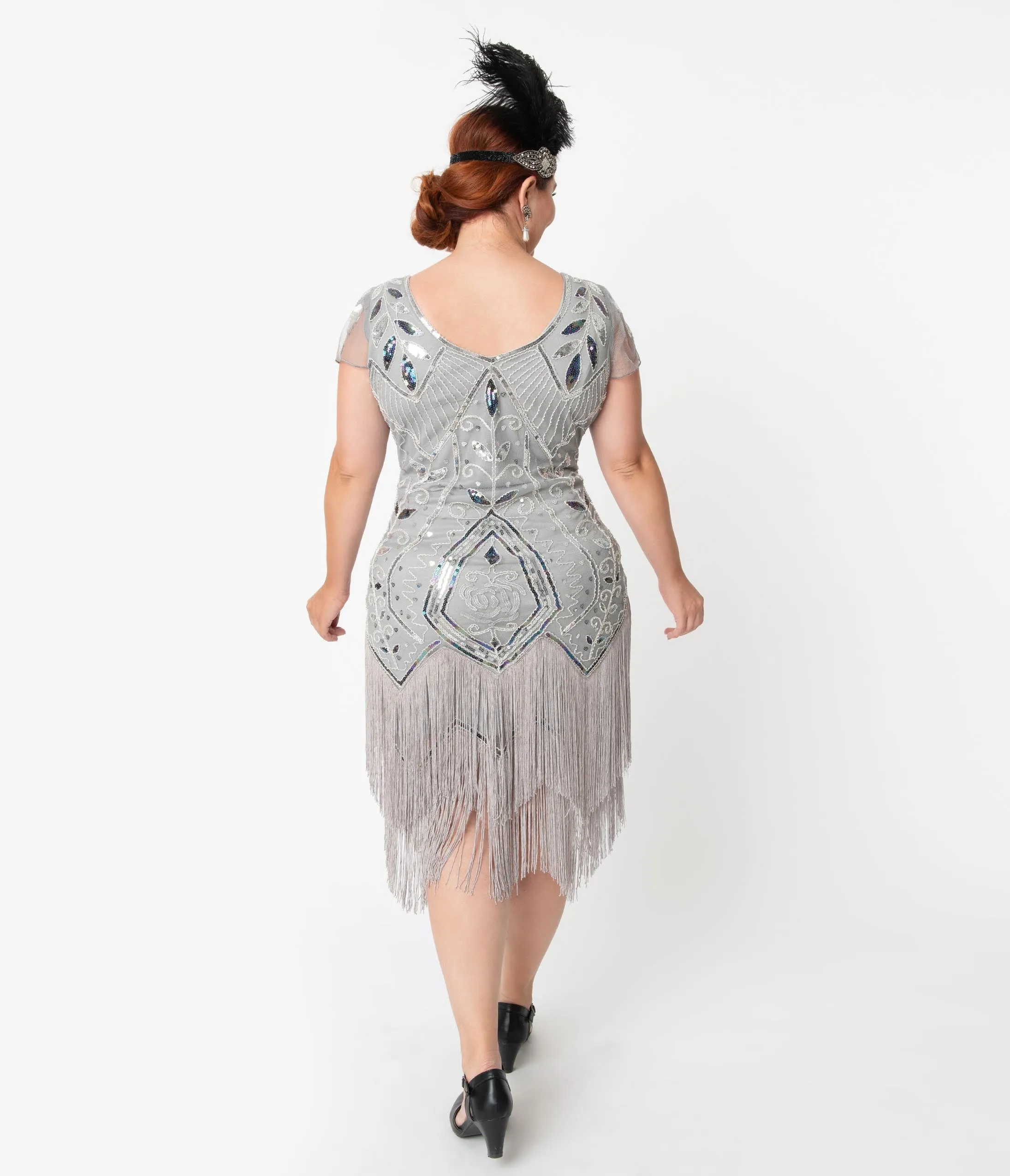 Unique Vintage Plus Size 1920s Silver Beaded Noele Fringe Flapper Dress