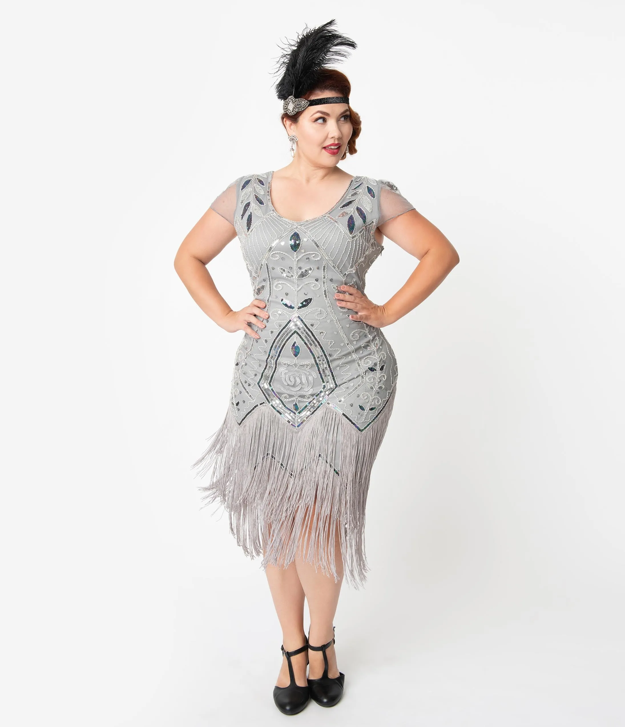 Unique Vintage Plus Size 1920s Silver Beaded Noele Fringe Flapper Dress