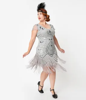 Unique Vintage Plus Size 1920s Silver Beaded Noele Fringe Flapper Dress