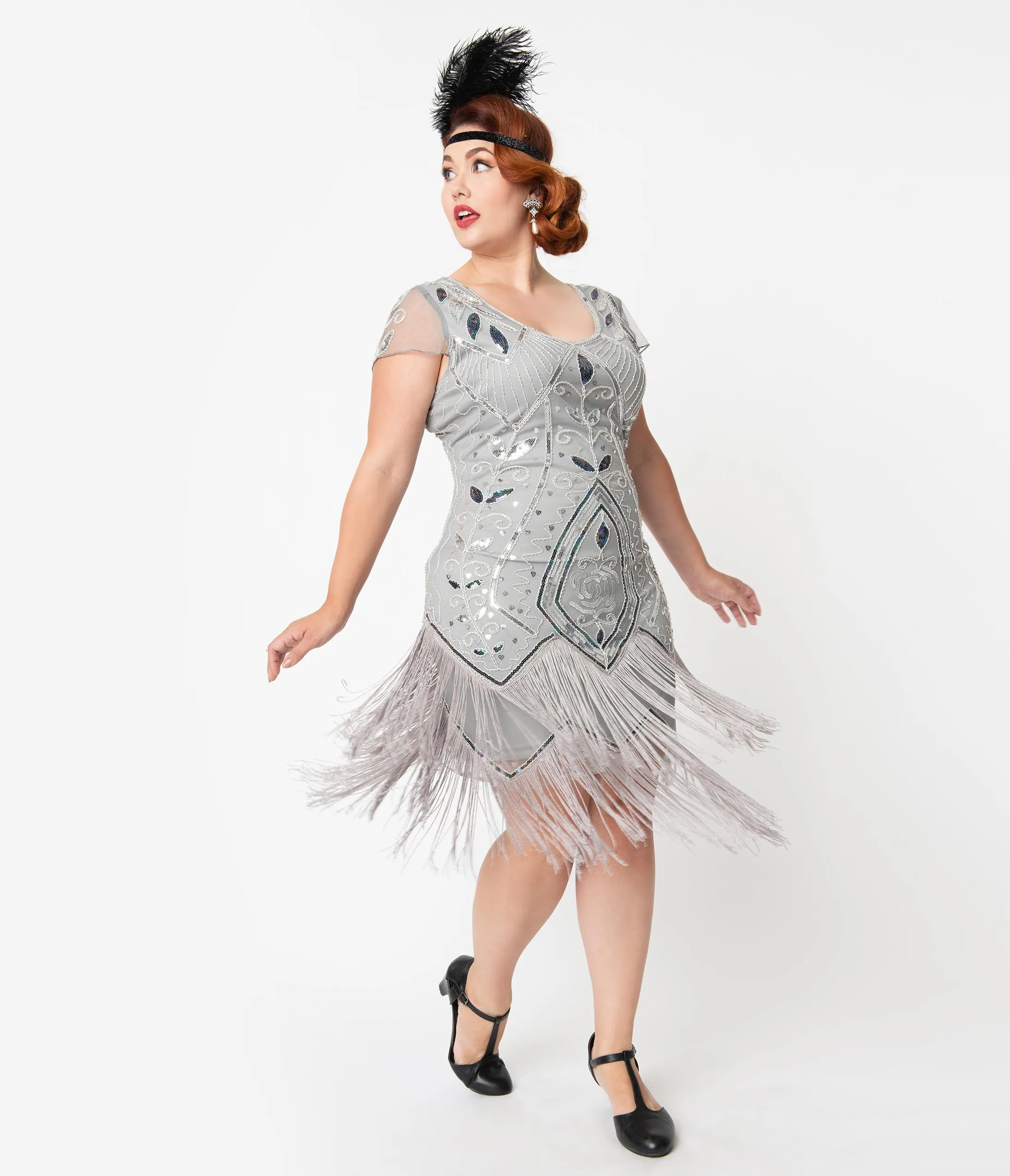 Unique Vintage Plus Size 1920s Silver Beaded Noele Fringe Flapper Dress