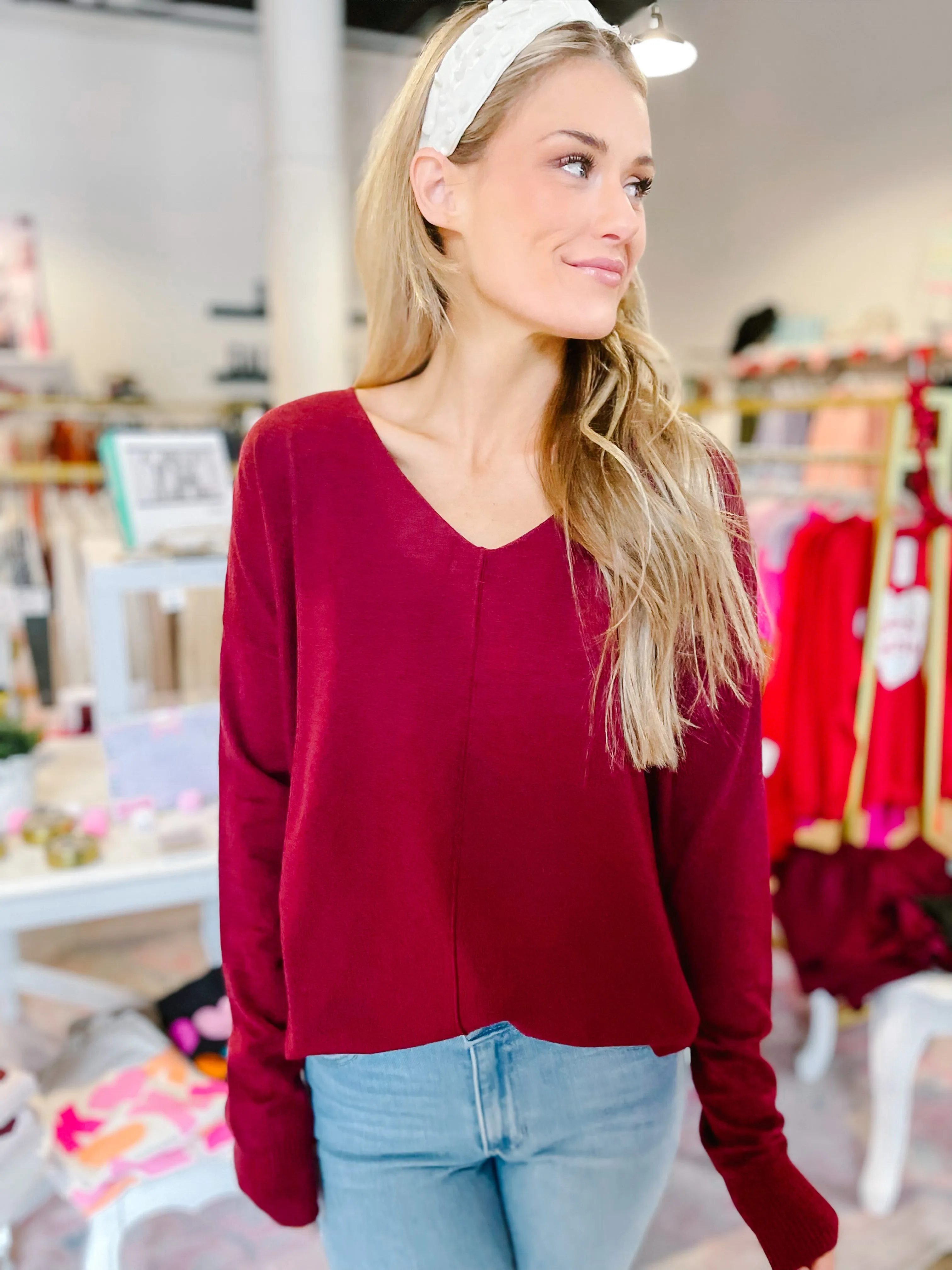 V Neckline Lightweight Sweater- Burgundy