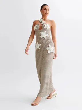 Vacation Hollow Knit Maxi Dress with Floral Accents for Summer