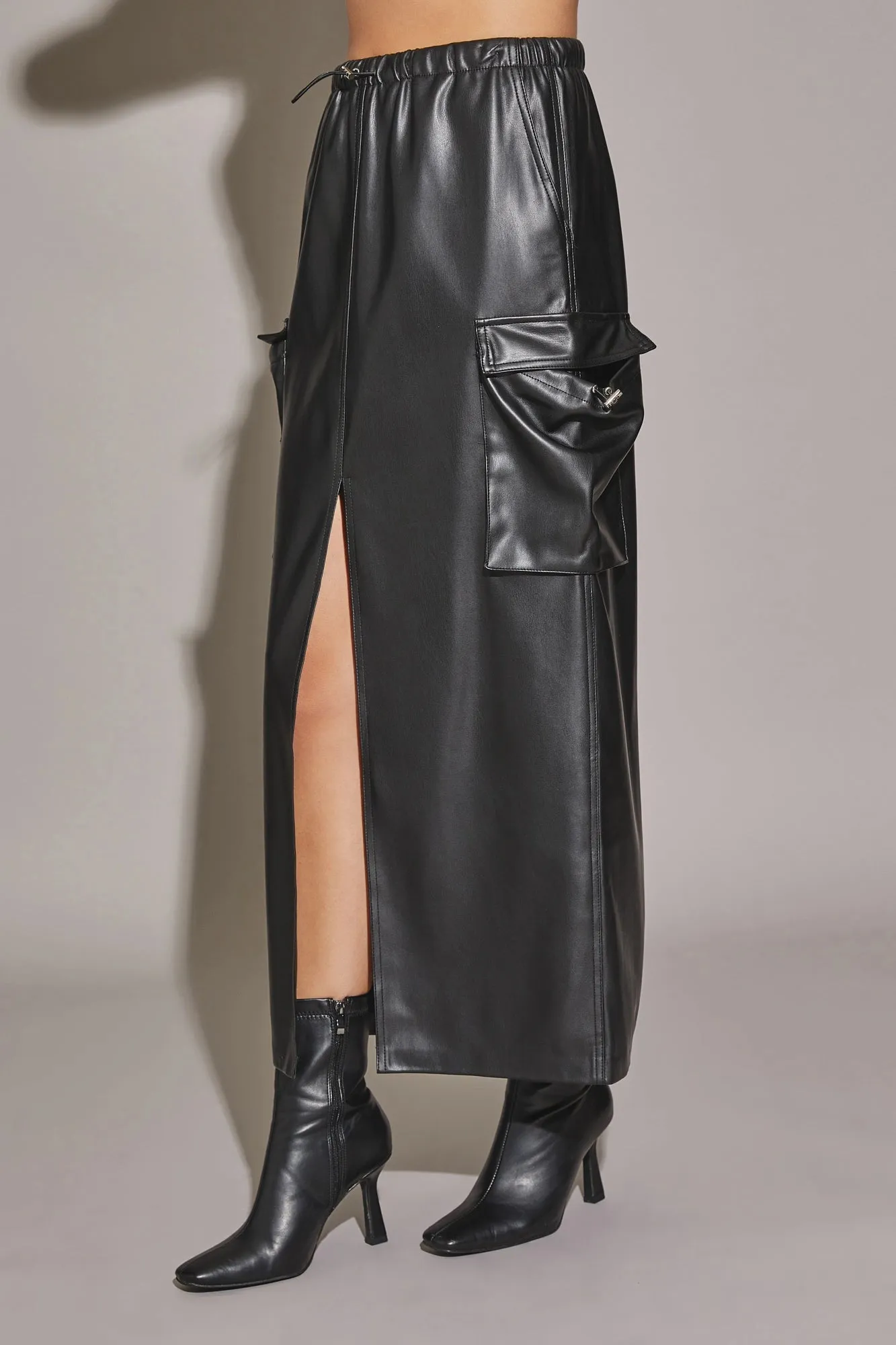 Vegan Leather Front Slit Cargo Drawstring Midi Skirt