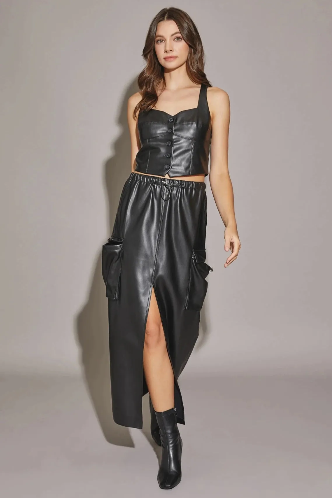 Vegan Leather Front Slit Cargo Drawstring Midi Skirt