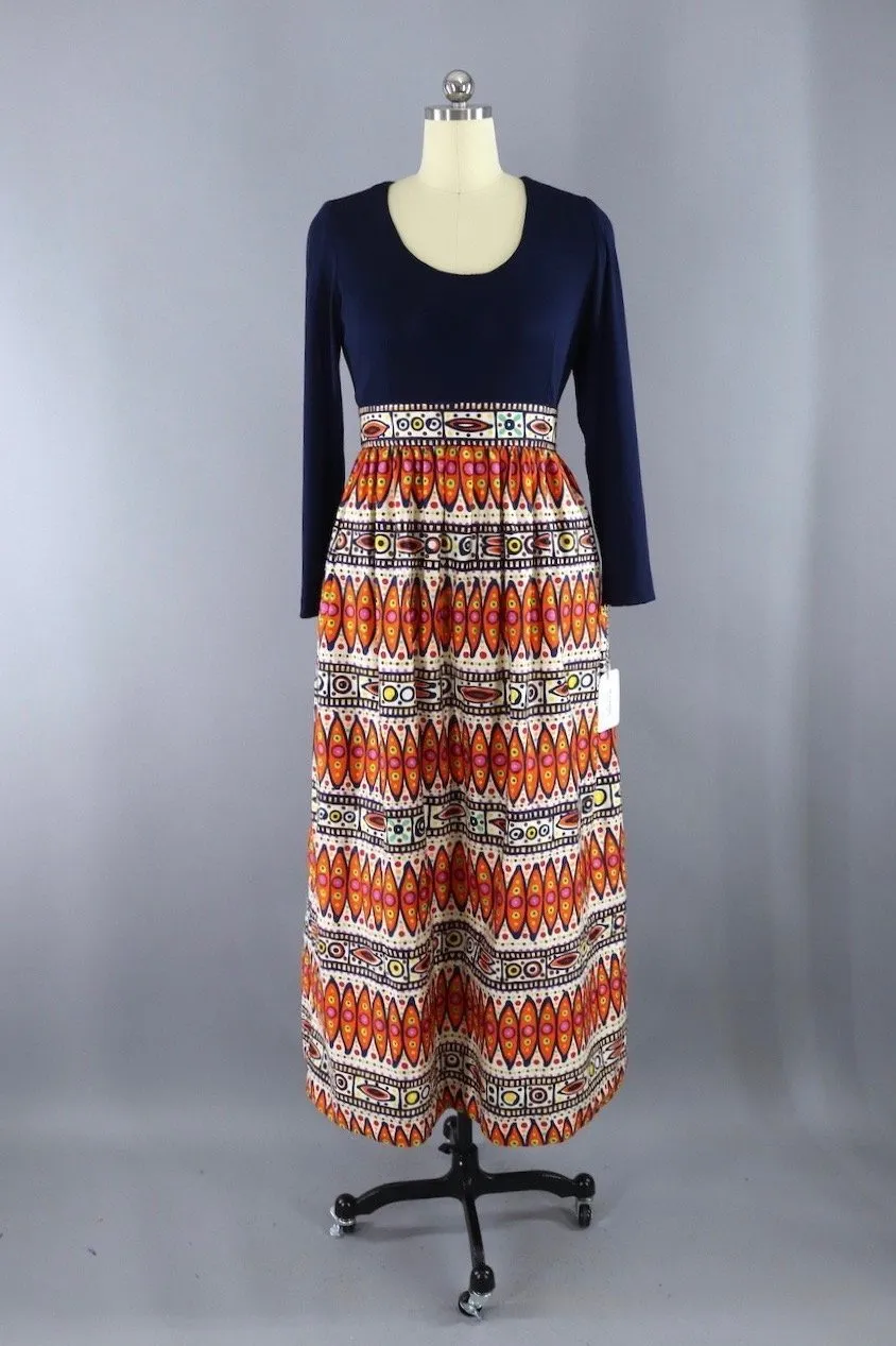 Vintage 1960s Mod Maxi Dress / Blue & Orange Geometric Print / Carlye Sibonne