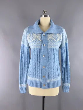 Vintage Wool Cardigan Sweater / Blue and White Snowflakes