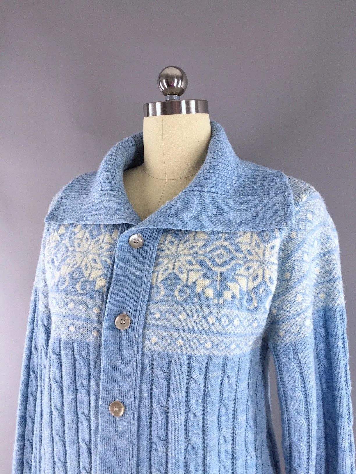 Vintage Wool Cardigan Sweater / Blue and White Snowflakes