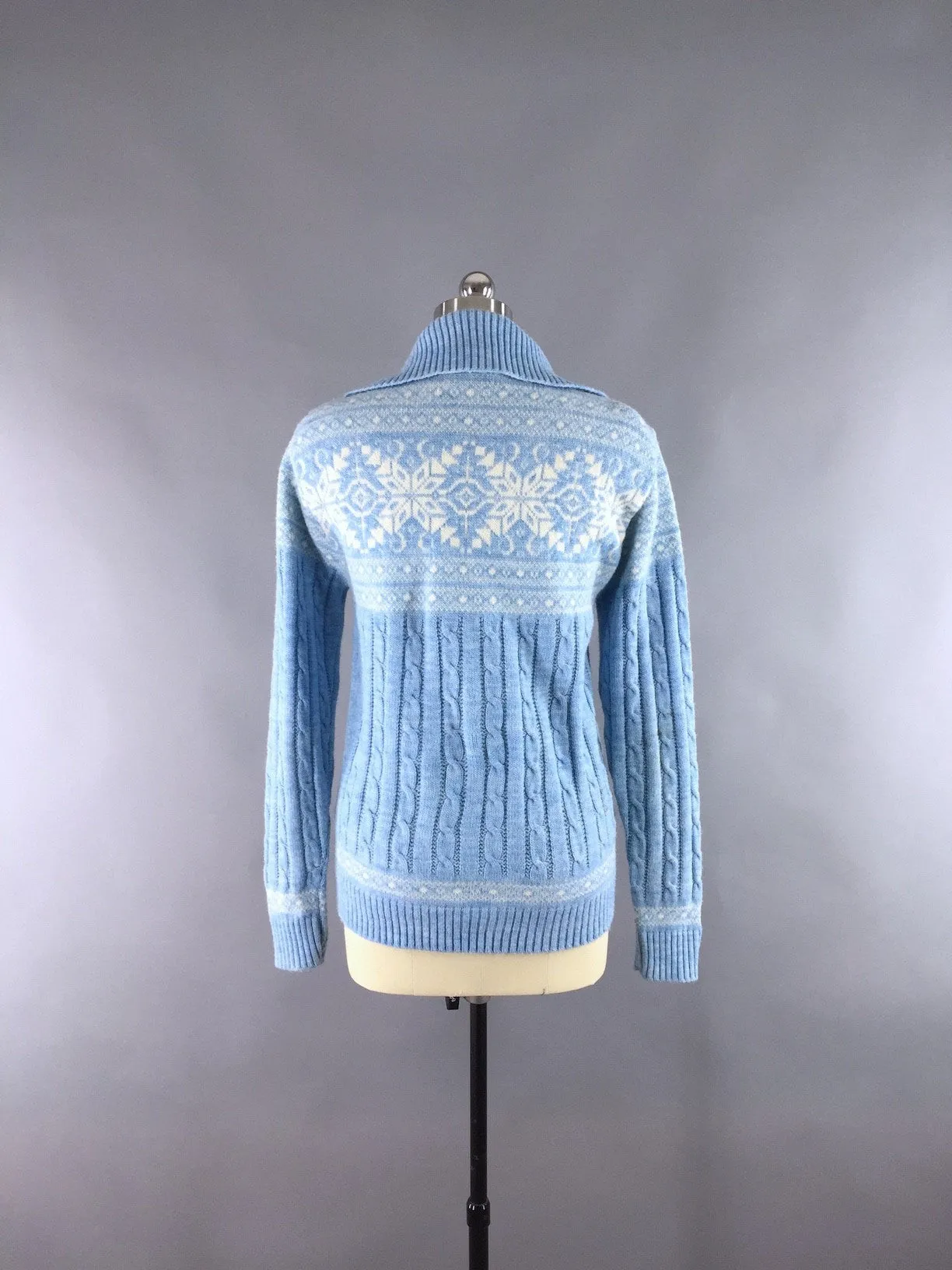 Vintage Wool Cardigan Sweater / Blue and White Snowflakes