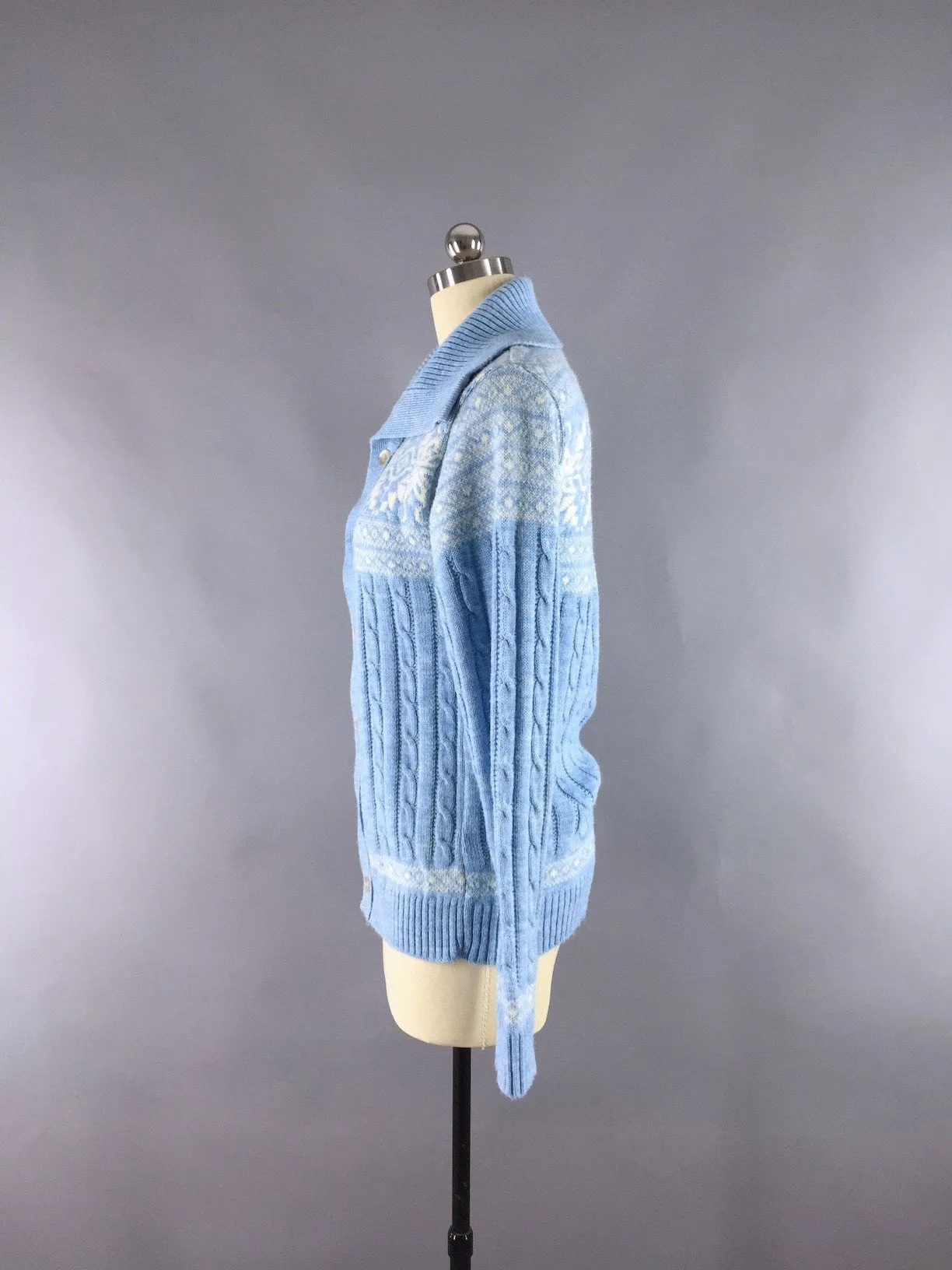 Vintage Wool Cardigan Sweater / Blue and White Snowflakes