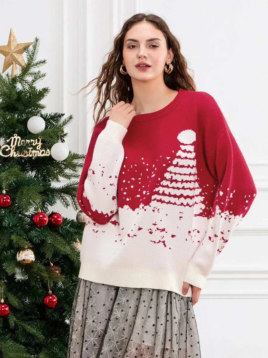 Wenkouban-Christmas Thanksgiving outfits_Classic Snowflake Christmas Tree Print Crew Neck Warm Pullover Christmas Sweater