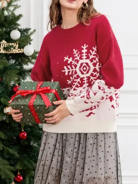 Wenkouban-Christmas Thanksgiving outfits_Classic Snowflake Christmas Tree Print Crew Neck Warm Pullover Christmas Sweater