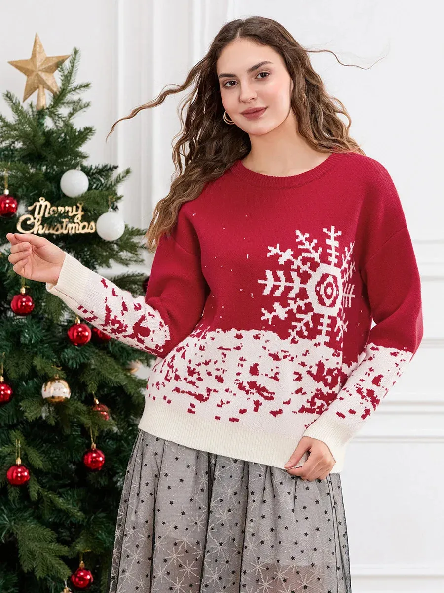 Wenkouban-Christmas Thanksgiving outfits_Classic Snowflake Christmas Tree Print Crew Neck Warm Pullover Christmas Sweater