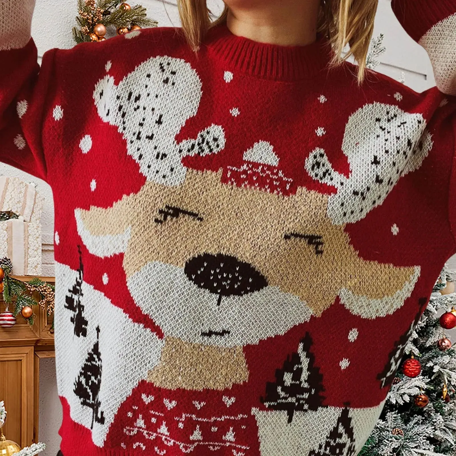 Wenkouban-Christmas Thanksgiving outfits_Long Sleeve Elk Snowflake Pattern Loose Knit Christmas Sweater