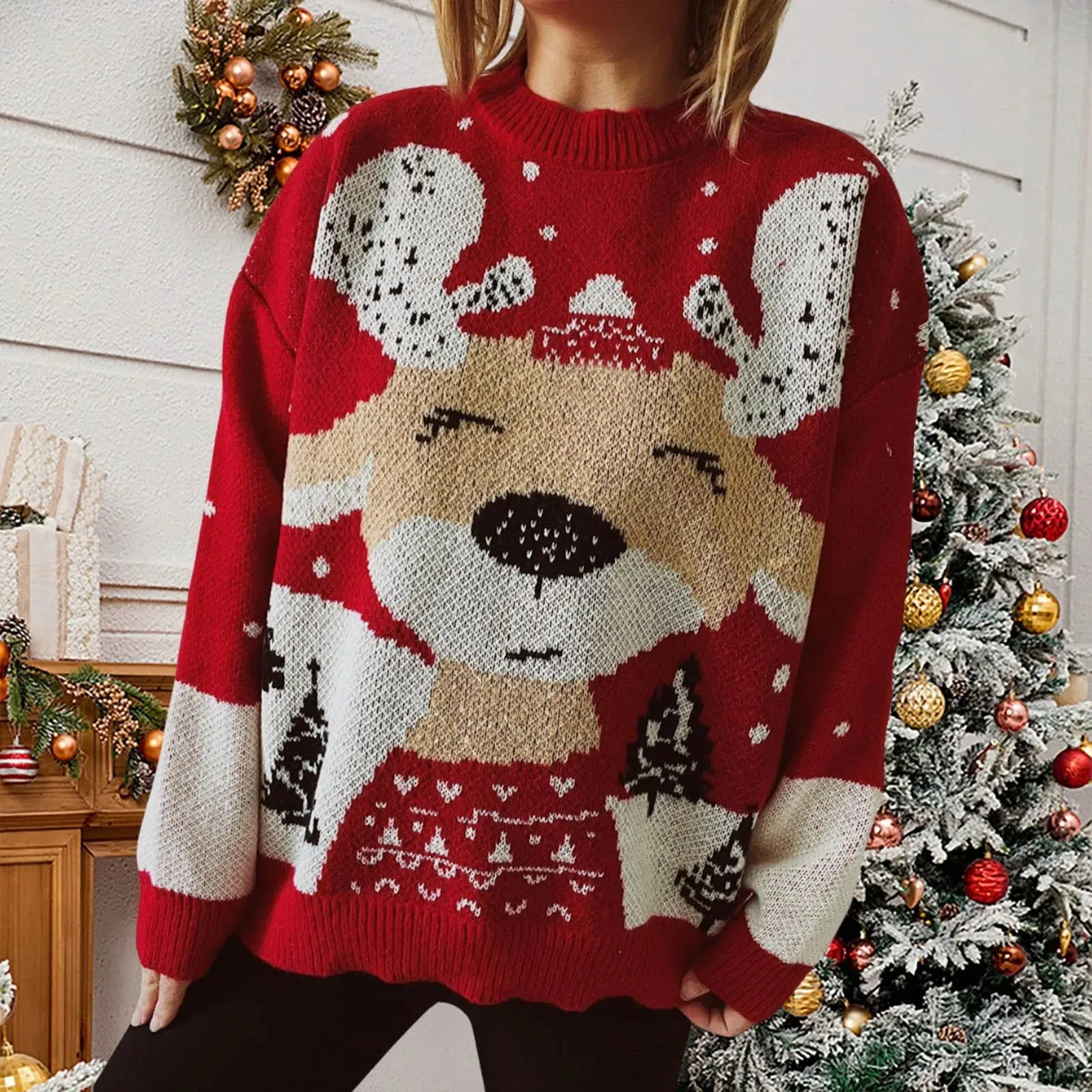 Wenkouban-Christmas Thanksgiving outfits_Long Sleeve Elk Snowflake Pattern Loose Knit Christmas Sweater